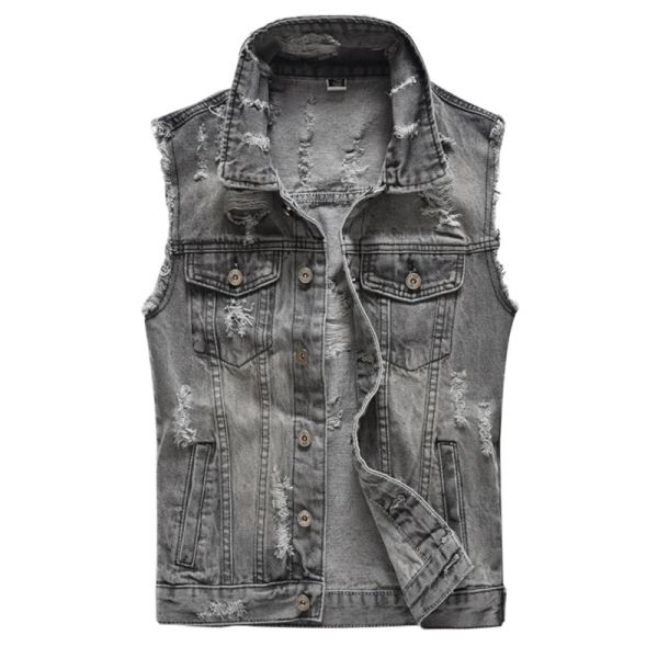 Gilet en jean déchiré gris pour hommes, débardeur Slim sans manches à franges, débardeur à la mode