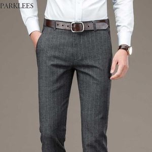 Heren grijze pinstripe pak jurk broek mode zakelijke formele plat-front broek mannelijke slanke fit stretch pantalon homme 210522