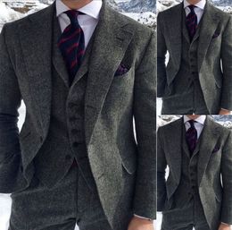 Trajes de lana de espiga gris para hombre, 3 piezas, mezcla de Tweed, Vintage Peaky Blinder, vestido de novio, esmoquin, traje de graduación (chaqueta + Pantalones + chaleco)