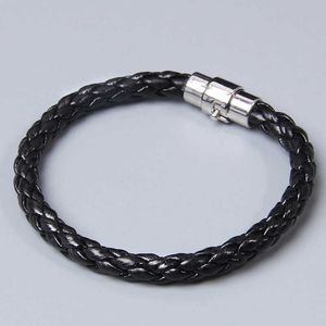 Heren handgemaakte zwart lederen touw geweven armband zwart metalen magnetische verbinding gesp eenvoudige sieraden armband geschenken q0719