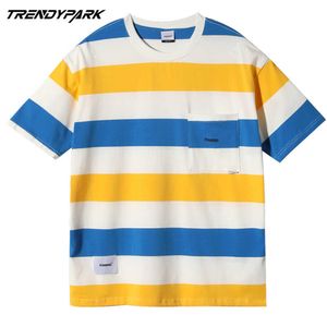 Heren Harajuku T-shirt Basic Gestreepte T-shirt Zomer Korte Mouw T-shirt Streetwear Oversized Katoen Casual Pocket Tops Tees 210601