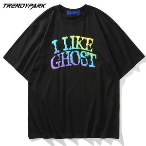 Heren Harajuku Tees Shirts Schuimende Druk I Like Ghost Oversized Katoenen T-shirts Mode Korte Mouw T-shirt Zomer Tops 210601