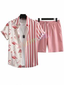 Hommes Hawaiian Flamingo Strip Imprimé Set Casual Streetwear Butt manches courtes ShirtBeach Shorts Set Hommes 2023 Été Deux pièces y0Ym #