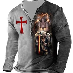 T-shirt Henry à 7 boutons pour hommes, imprimé en 3D, Crusader Lion, manches longues, bouton ouvert, haut décontracté