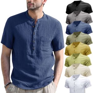 Collier de collier masculin de couleur solide à manches courtes, coton et chemise en lin pour hommes