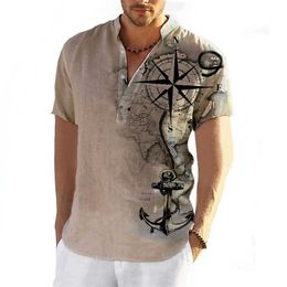 Camisa de manga corta Henry para hombre Camisa hawaiana para hombre Y-3D patrón de brújula diseñador de ropa moda calle moda declive verano