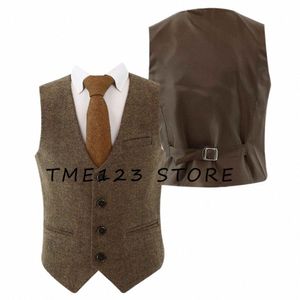 Gilet Herringbe pour hommes col en V simple boutonnage Busin Fi gilet de fête boutons de manchette gilets en cuir pour hommes costume de mariage Steampunk q37K #