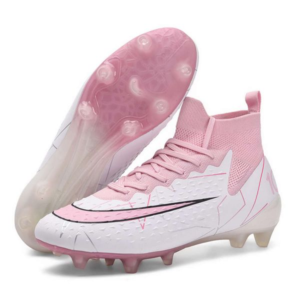 Botas de fútbol TF de caña alta para hombre, botas de fútbol AG rosadas y moradas para mujer, zapatos de entrenamiento profesionales para jóvenes
