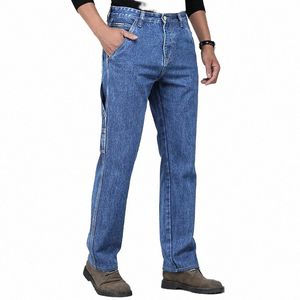 Jeans taille haute pour hommes Coupe droite Automne Cargo Denim Cott Vintage Pantalon Poches latérales Mari Casual Classique Pantalon Homme K2xu #