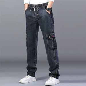 Heren hoge taille jeans recht groot formaat dinem broek mannelijke zwarte jeans kant multi pocket blauwe losse elastische band lading broek 211120