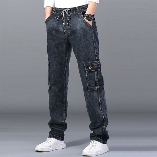 Jeans taille haute pour hommes Droite Grande taille Dinem Pantalon Homme Noir Jeans Côté Multi Poche Bleu Lâche Bande Élastique Pantalon Cargo 211104