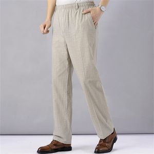 Hommes taille haute Trausers pantalons d'été vêtements nouveauté lin lâche coton bande élastique mince travail Vintage jambes larges pantalon 211006