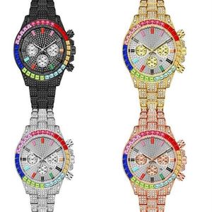 Hip Hip Hop Color Diamond Grote Die Horloge Stalen riem Volledige diamant mannen Gold Quartz Chronograph Holiday Gift224P