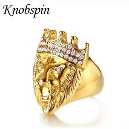 Bague Hip Hop pour hommes, ton or, tête de Lion rugissant et couronne, en acier inoxydable, anneaux Pinky, bijoux masculins 243C