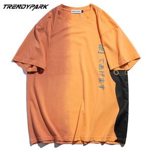 Hip Hop de los hombres de gran tamaño camiseta lateral gato negro impresión streetwear camiseta harajuku algodón manga corta camiseta naranja tee tops 210601