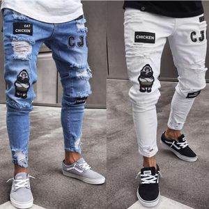 Leggings desgastados ajustados de Hip-hop para hombre, vaqueros elásticos con insignia, nuevo estilo