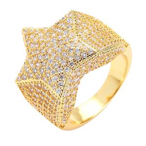 Anillos de estrella de hip hop para hombre, anillo de dedo de diamante de circonita cúbica ostentoso chapado en oro real de 18 quilates, regalo de joyería