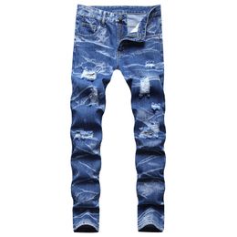 Hombres Hip Hop Tie Dye Ripped Jeans Moda Streetwear Casual Slim Fit Pantalones de mezclilla Azul oscuro Agujero Cremallera Pantalones Tamaño 28-42