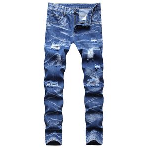 Hip Hip Hop Tie Dye gescheurde jeans mode streetwear casual slank fit denim broek donkerblauw gat ritssluiting maten 28-42