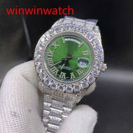 Heren Hip Hop Horloge Prong Set Diamond Watch Zilver Roestvrij Stalen Kast Band Groen Gezicht Automatisch Mechanisch Horloge 43MM306p