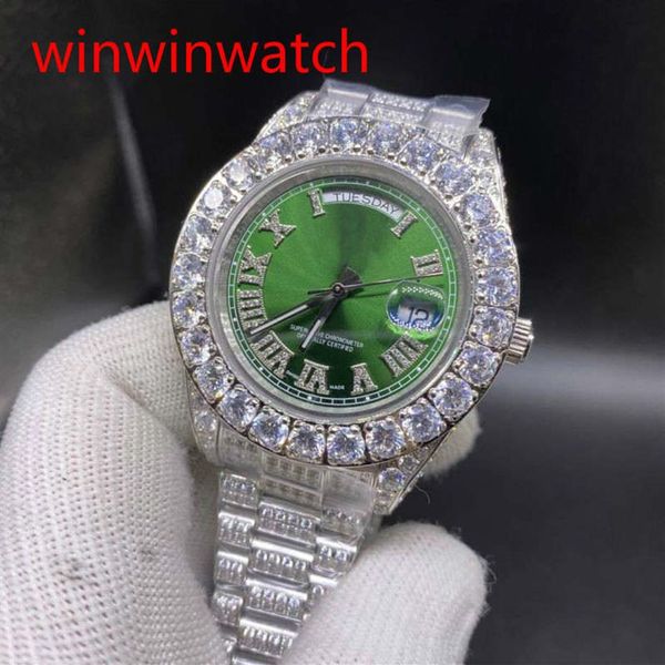 Reloj Hip Hop para hombre, conjunto de puntas, reloj con diamantes, caja plateada de acero inoxidable, correa verde, reloj mecánico automático 43MM266l