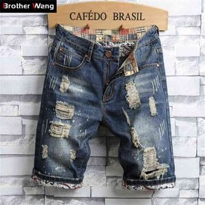 Heren gat denim shorts zomer mode casual slim fit gescheurd retro korte jeans mannelijk merk 210713