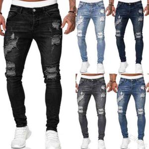 Pantalones vaqueros ajustados rasgados con agujeros para hombre, pantalones pitillo con dibujo de colores a la moda para motorista, Hip Hop, Deni Casu271K