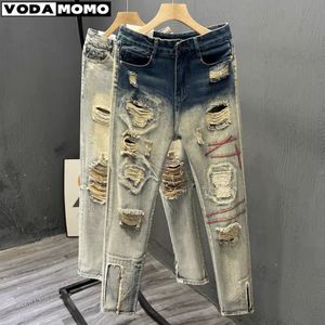 Mannen Gat Gescheurd Slim Fit Skinny Hip Hop Mode Streetwear Patchwork Jeans Elasticiteit Gothic Broek Mannen Pantalon 230529