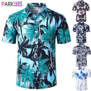 Heren vakantie casual korte mouw Aloha Hawaiiaanse shirt palmboom gedrukt tropische blauwe shirts Camisa Hawaiana 210809