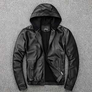 Veste en cuir à capuche pour hommes 100 peau de mouton véritable moto manteau noir vêtements à capuche pour hommes printemps chapeau veste en cuir hommes 220819