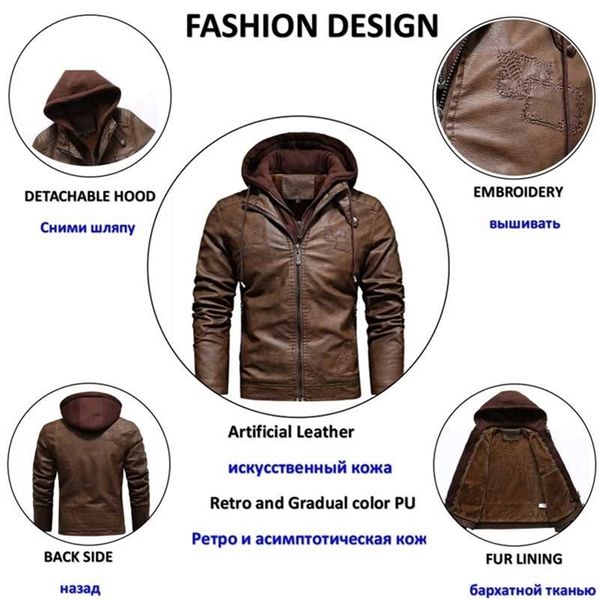 Veste en cuir de moto à capuche pour hommes Automne / Hiver Polaire Zipper PU Veste Brown Vintage Slim Vêtements pour hommes Biker Bomber Jacket 211110