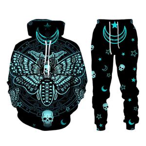 Heren hoodie en 3D Punk Skeleton patroon, tweedelige pak, herfst en winter casual slijtage, gotische stijl, mode G1217