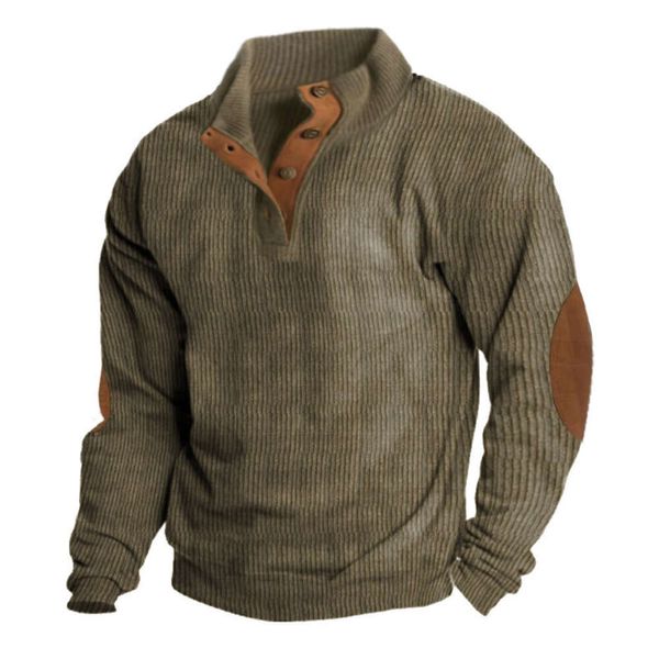 Pull à capuche en velours côtelé pour hommes, chemise Henley, T-shirt décontracté à manches longues