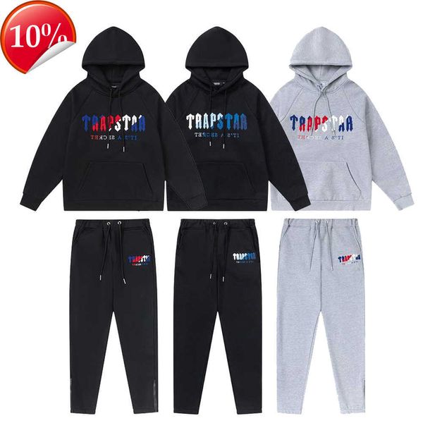 Sweat à capuche pour hommes Trapstar Ensemble de survêtement Lettre brodée Luxe Noir Blanc Gris Couleur arc-en-ciel Sports d'été Mode Cordon en coton Haut Manches courtes Taille s à xl