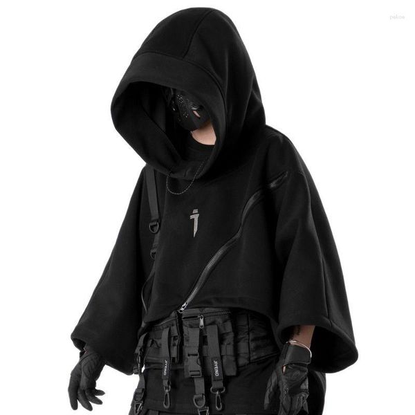 Sweats à capuche pour hommes 2023 Conception asymétrique Fermeture éclair inclinée Techwear Hip Hop Sweat à capuche court Hommes Femmes Punk Sweat-shirts surdimensionnés Cape à capuche