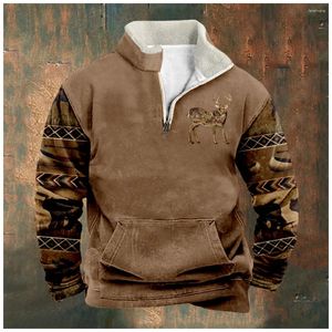 Sweats à capuche pour hommes 2023 Automne Hommes Pulls Sweatshirts Zip Up Polaire Manches longues Patchwork Vintage Elk Tribal Graphics Tops surdimensionnés