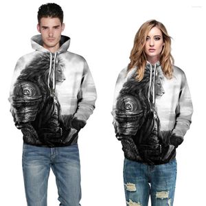 Heren Hoodies 2023 Fashion Hip Hop Men/Women's Pullovers 3D Digital Print Lion Warrior in Armor Hooded Lonse Sleeve losse polyester