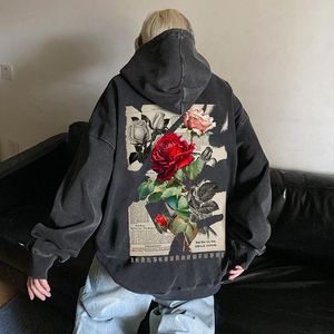 Heren Hoodies 2023 Zware Wassen Vintage Jassen Rose Afdrukken Capuchon Mode Trend Trui Casual Grote Sweatshirts M-5XL