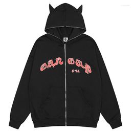 Sweats à capuche pour hommes 2023 Hommes Sweat à capuche Devil Horn Lettre Imprimé Zip Up Sweat à capuche Veste Harajuku Vintage Streetwear Lâche Halloween