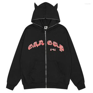 Mannen Hoodies 2023 Mannen Hoodie Duivel Hoorn Brief Gedrukt Zip Up Capuchon Sweatshirt Jas Harajuku Vintage Streetwear Losse Halloween