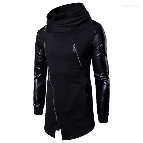 Sudaderas con capucha para hombre, primavera y otoño 2023, manga larga con cuero, Color sólido, moda para hombre, Sudadera con capucha, diseño de cremallera Irregular, Tops para hombre