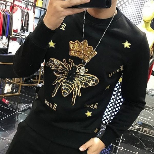 Sweats à capuche pour hommes 2023 Printemps Tendance Abeille Couronne Brodé O-cou Pull Sweats Streetwear À Manches Longues Hommes Mode Strass Sweat