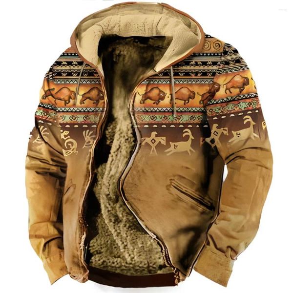 Sweats à capuche pour hommes 2023 hiver vestes zippées vêtements polaires graphiques tribaux imprimés Streetwear vêtements d'extérieur à capuche manteau de survêtement zippé