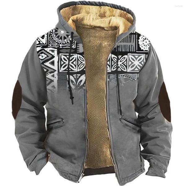 Sudaderas con capucha para hombre, chaqueta con capucha de lana con cremallera, ropa con estampado gráfico Tribal, ropa de calle, abrigo de chándal, invierno 2023