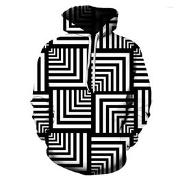 Heren Hoodies 2023men's Trend Stripes 3D Gedrukte Creative Black White Stitching Vortex Clothing Man Spandex Pullover Moleton