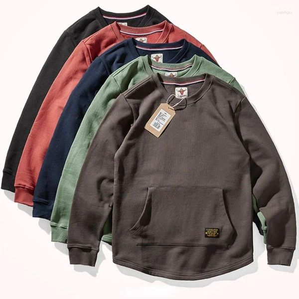 Sudaderas con capucha para hombre, marca Otoño e Invierno 2024, Color sólido, bolsillo canguro, chaqueta cálida de cuello redondo, suéter acolchado de terciopelo pesado japonés