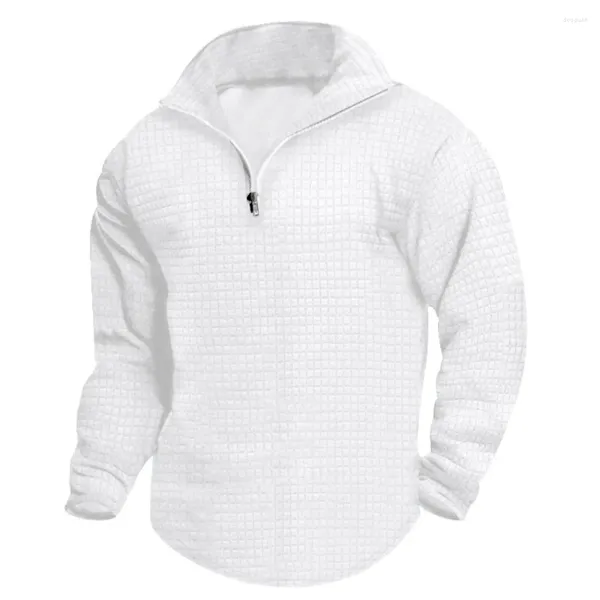 Sudaderas con capucha para hombre, primavera otoño 2024, sudadera con media cremallera, jerséis informales con cuello levantado, Tops lisos de gofres Vintage para hombre