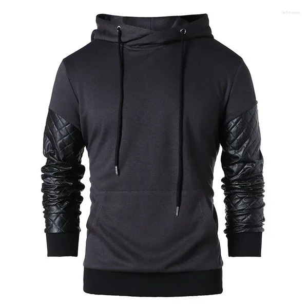 Heren Hoodies 2024 Lente Mode Zak Lange Mouw Arm Leer Ontwerp Zwart Effen Kleur Knappe Trui Jas Kleding man