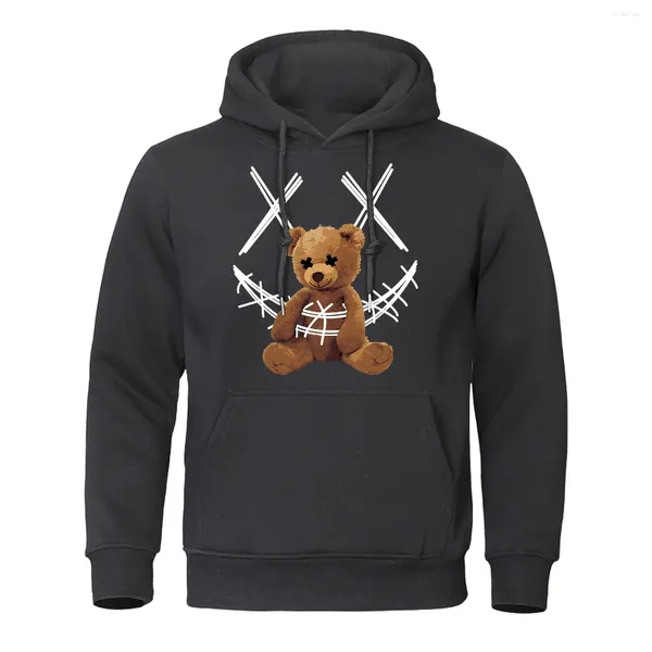 Sweats à capuche pour hommes Un ours en peluche lié avec impression de bandage Sweat à capuche pour hommes Hip Hop Street Streetwear Poche Crewneck Vêtements Pull à capuche en polaire