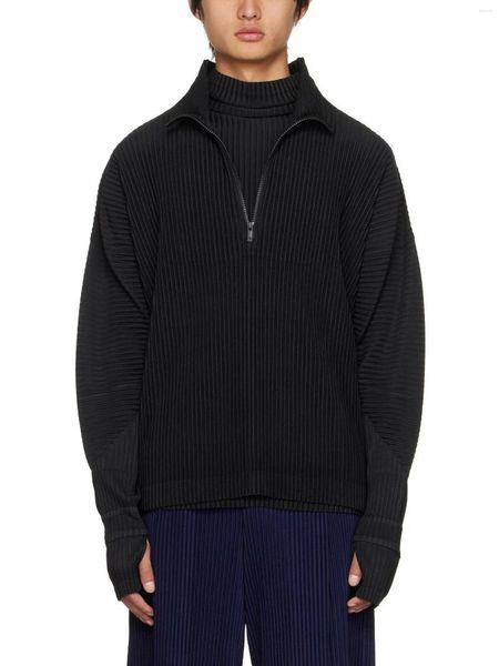 Sudaderas con capucha para hombre ALSEY Miyake, sudaderas plisadas sólidas para hombre, jersey plisado con cuello levantado, jerséis con cierre de cremallera para hombre, Harajuku Thumbhole